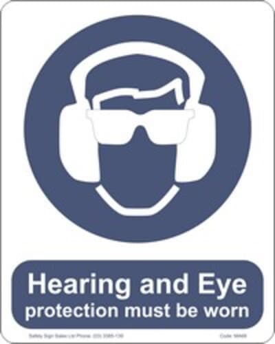 PVC Sign, 300 x 240mm, "Hearing and eye protection must be worn"