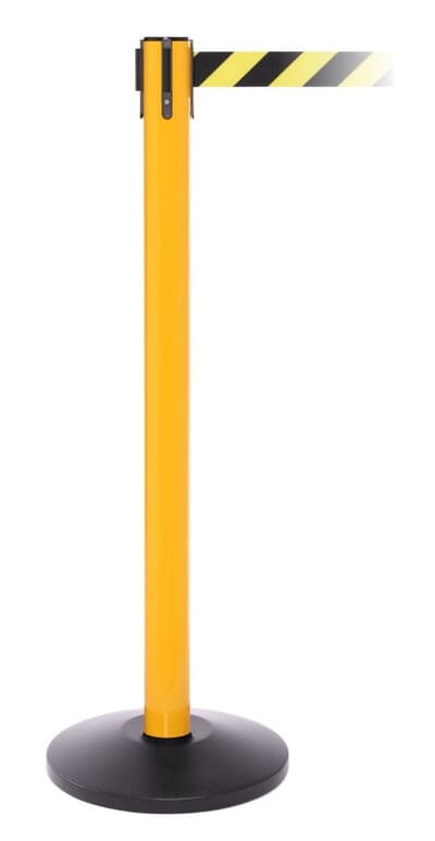 Free-Standing Retractable Belt, 4.87m, yellow pole, black/yellow belt